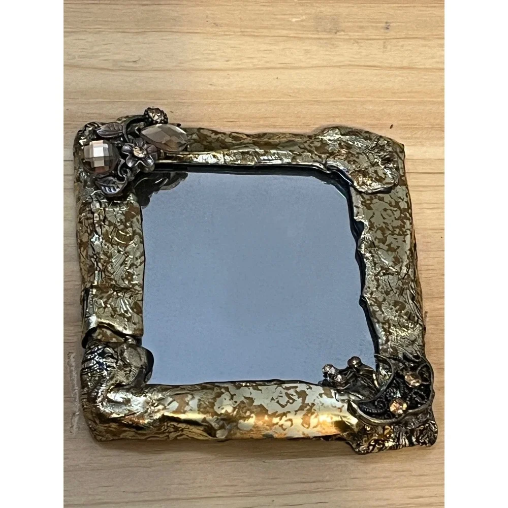 Signed Ettie Artisan Mirror Gold Leaf‎ Smoky Topaz Crystals Vanity Compact